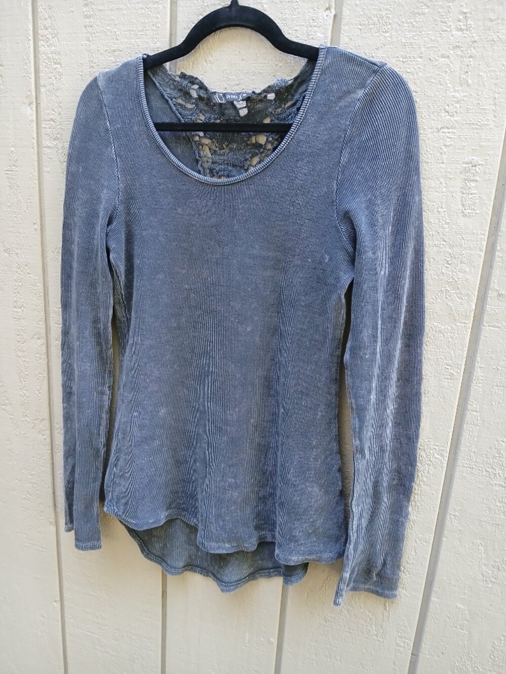 Vtg Y2K Urban X Top Ribbed Long Sleeve M Crochet Lace Scoop Neck Grey Acid Wash
